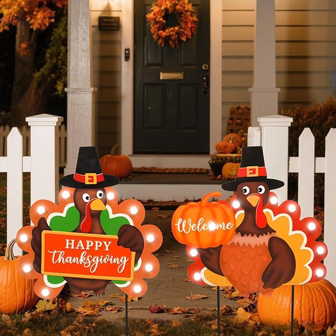 2 PCS Fall Decorations Outdoor Metal Happy Thanksgiving Decorative Garden Stakes with Led Light Welcome Pumpkin Turkey Yard Signs Fall Harvest Lawn Garden Lawn Pathway Decor