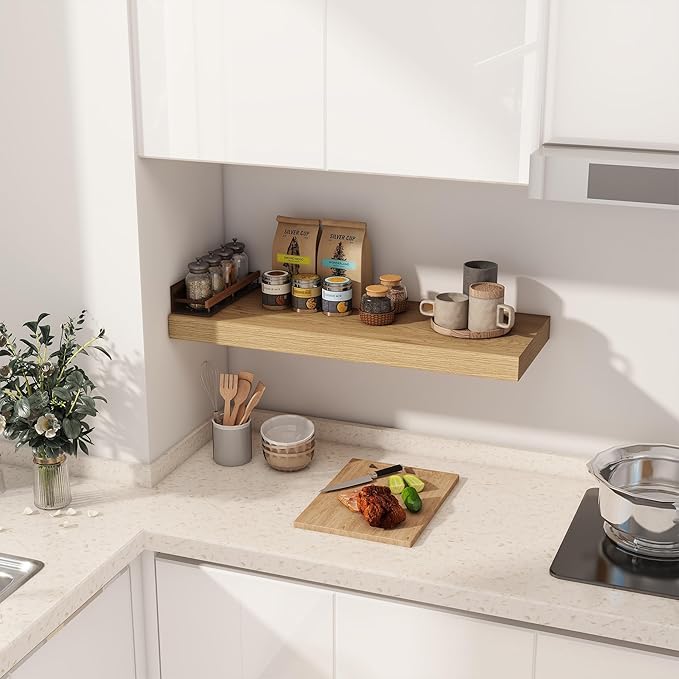 30 Inch Floating Shelves, 12 Inch Deep Floating Shelves for Wall, Rustic Wood 30 x 12 Shelves for Wall Storage & Display, 2 Inch Thicked Floating Shelf for Bathroom, Living Room, Oak Color, 2 Pack