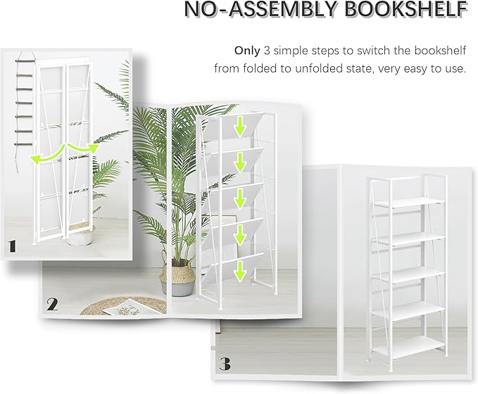 4NM No Assembly Foldable Bookshelf, 5-Shelf Collapsible Bookcase Storage for Small Spaces, 62.2" H, All White