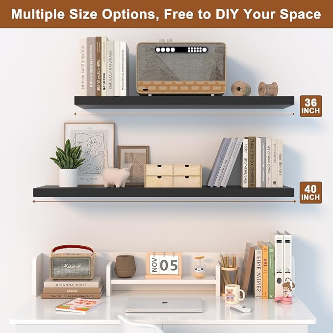 40 Inch Floating Shelf 3 Pack Large Floating Shelves for Wall No Drilling Accessories Included Deep Wall Shelves for Living Room Kitchen Farmhouse 40" W x 12" D x 1.2" Black