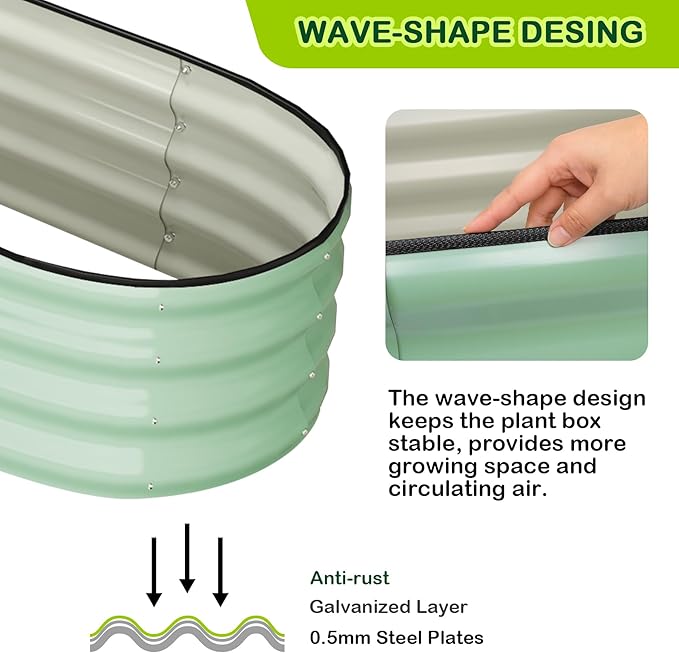 2 Pcs 4.5x2x2ft Oval Raised Garden Bed, Galvanized Raised Beds,Open-Ended Base Metal Raised Planter Beds,Garden Bed Outdoor,Planter Raised Boxes for Vegetables, Flowers,Tool-Free Asse,Green