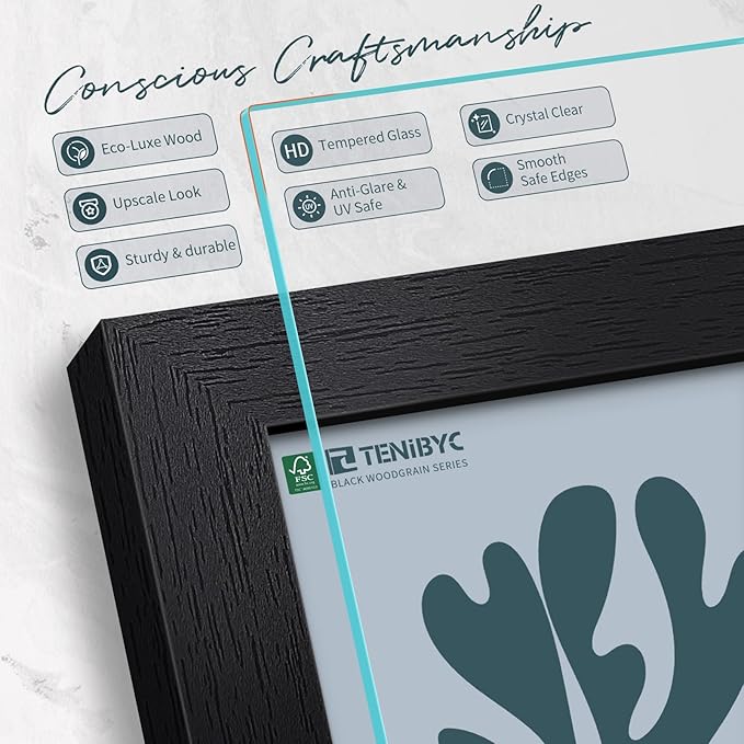 8x10 Picture Frame Set - 3 Pack, Textured Black Solid Wood, HD Tempered Glass, Gallery Photo Frame, Table or Wall Display