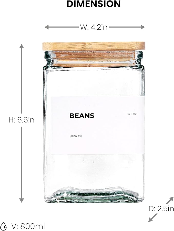 27 oz Glass Storage Jars with Bamboo Lid, set of 6, glass canisters with airtight lids, Clear jars with lids for Cookie, Candy, Tea, Coffee Bean and Rice (White)