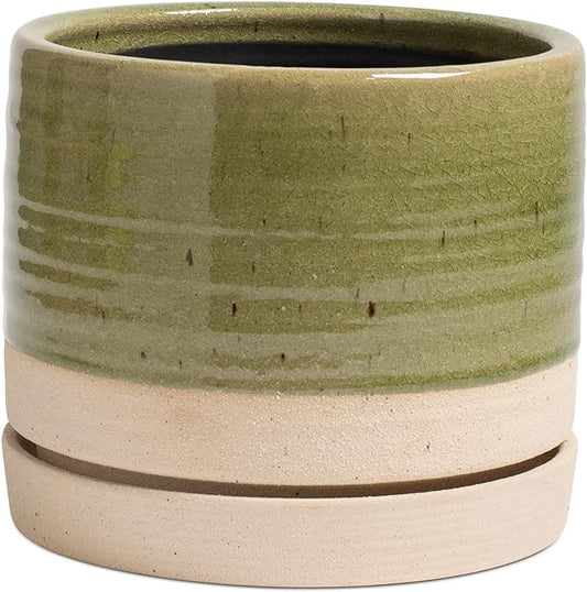 8 Inch Pots for Plants, Ceramic Planter Pot with Drainage Hole & Saucer, Indoor/Outdoor Cylinder Round Planter Pot, Green & Beige