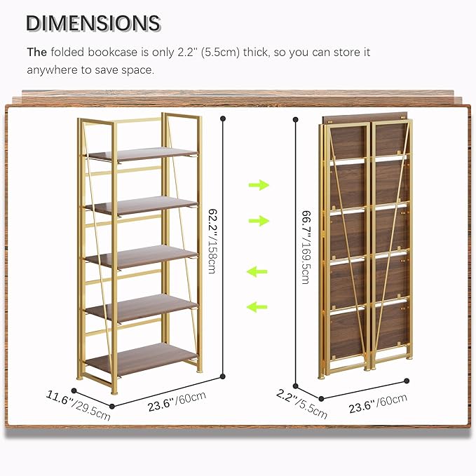 4NM No Assembly Foldable Bookshelf, 5-Shelf Collapsible Bookcase Storage for Small Spaces, 62.2" H, Brown and Golden