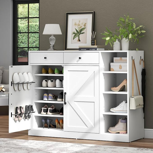 Loomie 5-Tier Shoe Cabinet with 4 Side Cubbies, Farmhouse Shoe Rack Cabinet with 6 Adjustable Shelves & 2 Drawers, Freestanding Shoe Storage Cabinet with 4 Brackets & 2 Hooks for Entryway (White)