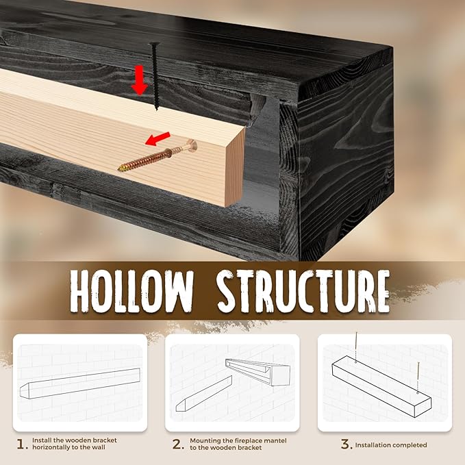 48x8x5 Fireplace Mantel - Handcrafted Hollow Rustic Solid Wood Wall Mounted Floating Shelf with Invisible Heavy Duty Wood Bracket (Weathered Black)