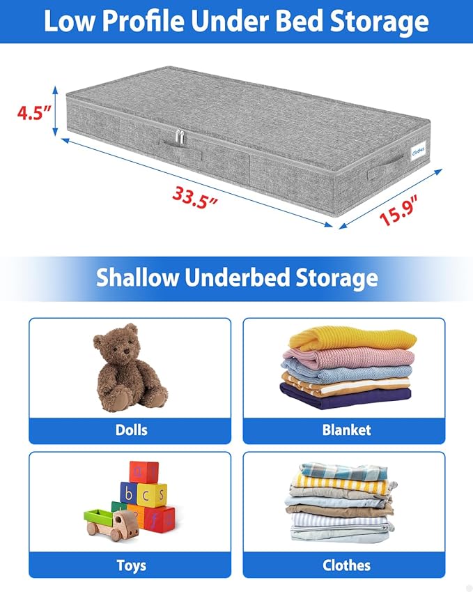 2 Pack Low Profile Under Bed Storage Containers 4.5 Inch Height, Shallow Underbed Couch Storage Organizer With Sturdy Sidewalls/Bottom, Thin Underbed Storage Bins For Clothes Dorm Dresser Sofa- Grey