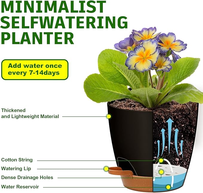 '- Uneed Plastic Flower Pot,5-Pack Plant Pots with Drainage 7/6.5/6/5.5/5 Inch,Self Watering Pots for Indoor Plants,Planters for Indoor Outdoor Plants (Black)