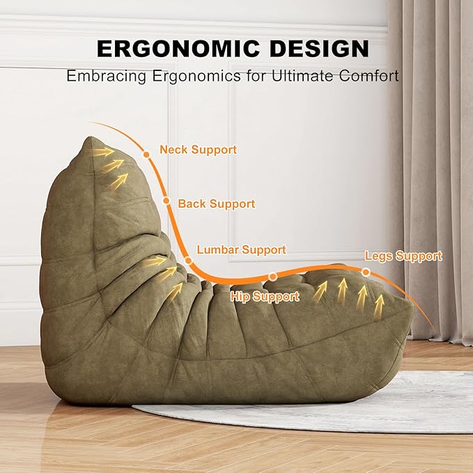 Bean Bag Chair for Adults, Bean Bag Sofa - Adult Size with Soft Waterproof Fabric for Living Room, Apartments, Reading Corner, Gaming, and Movie Venue (Olive Green)
