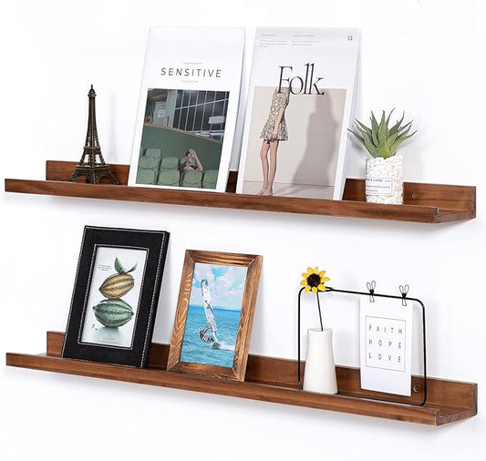 AZSKY Light Walnut Color Wood Wall Floating Shelves for Wall 36 Inch Bookshelf Wall Mount Picture Photo Frames Display Rack with Ledge Decorative Storage Shelves a Set of 2