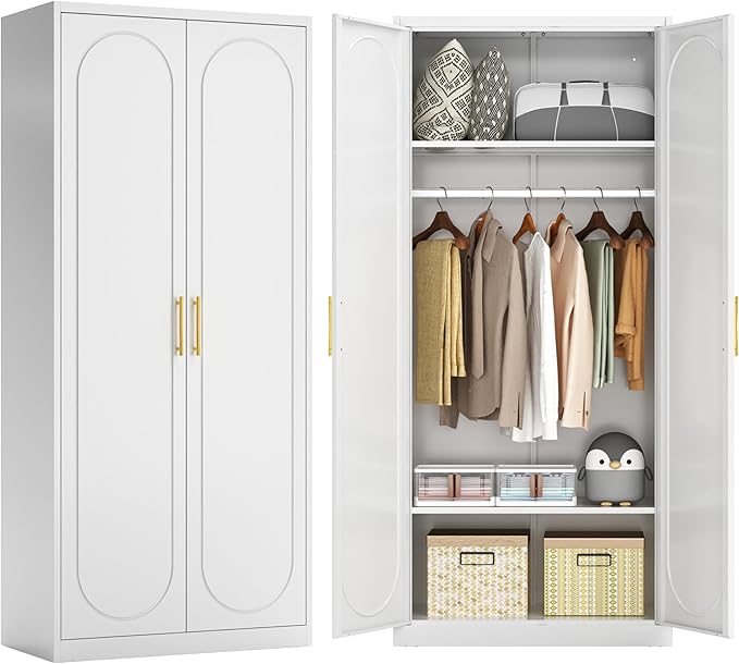 71" White Wardrobe Closet with 2 Doors, Metal Armoire Wardrobe Cabinet with Hanging Rod and Adjustable Shelves, Clothing Storage Cabinets for Bedroom, Laundry Room, Home Office