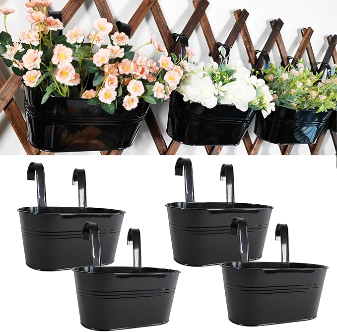 4 Pack Metal Hanging Planter for Outdoor Plants, 10 Inch Black Fence Planters Railing Pots for Garden Patio Balcony Decor, Flower Bucket with Detachable Hooks (Black, 4Pcs)