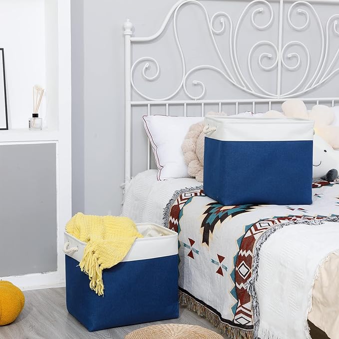 Bidtakay Large Canvas Organization Bins Set of 2 Navy Blue Rectangular Baskets 17x12x15 in for Blankets, Clothes, Towels, Dog Toys Storage