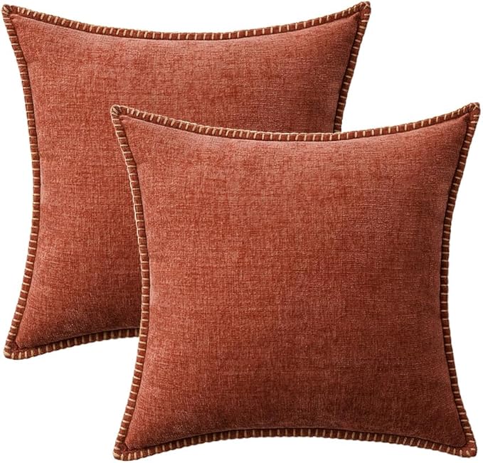 MIULEE Pack of 2 Fall Couch Throw Pillow Covers 18x18 Inch Burnt Orange Farmhouse Decorative Pillow Covers with Stitched Edge Soft Chenille Solid Dyed Pillow Covers for Sofa Bed Living Room