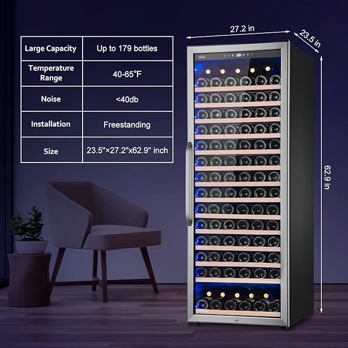 24 Inch Wine Cooler Refrigerator, 179 Bottles Professional Wine Cellars with Powerful Compressor,Quiet Operation and Elegant Design for The Wine Lovers