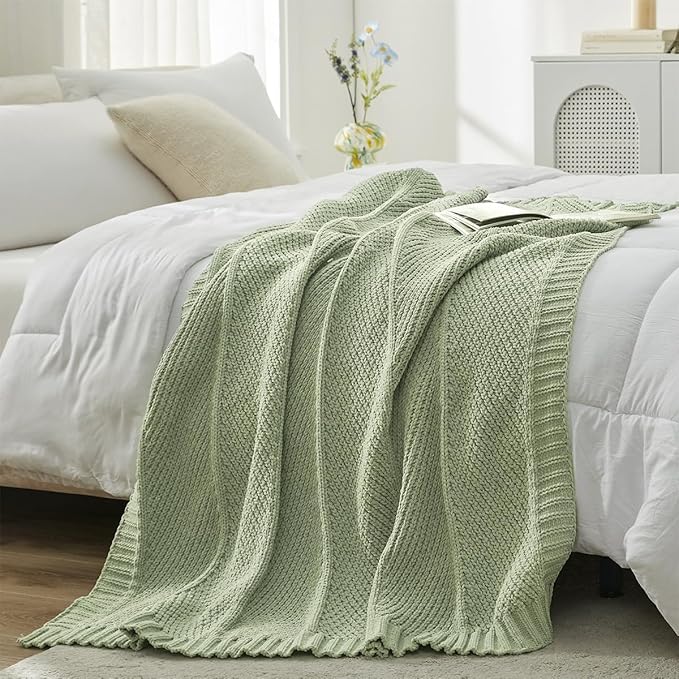 Amélie Home Chenille Knit Throw Blanket for Couch, Chevron Texture Decorative Soft Blanket for Sofa, Bed & Chair, 50"x60", Sage Green