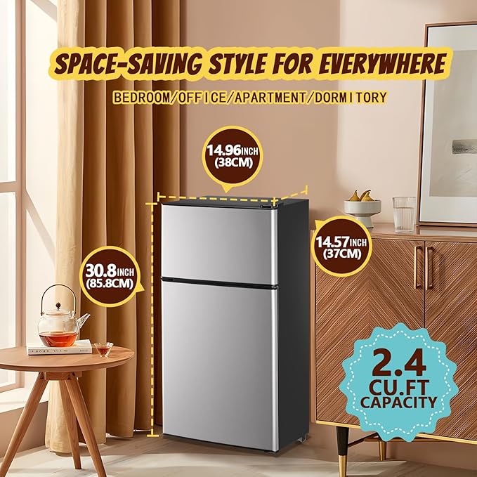 2.4 Cu.ft Mini Fridge Small Refrigerator with Freezer Dual Door Dorm Fridge for Personal Senven Temp Gear Suit for Apartment, Bedroom, Rv Silver
