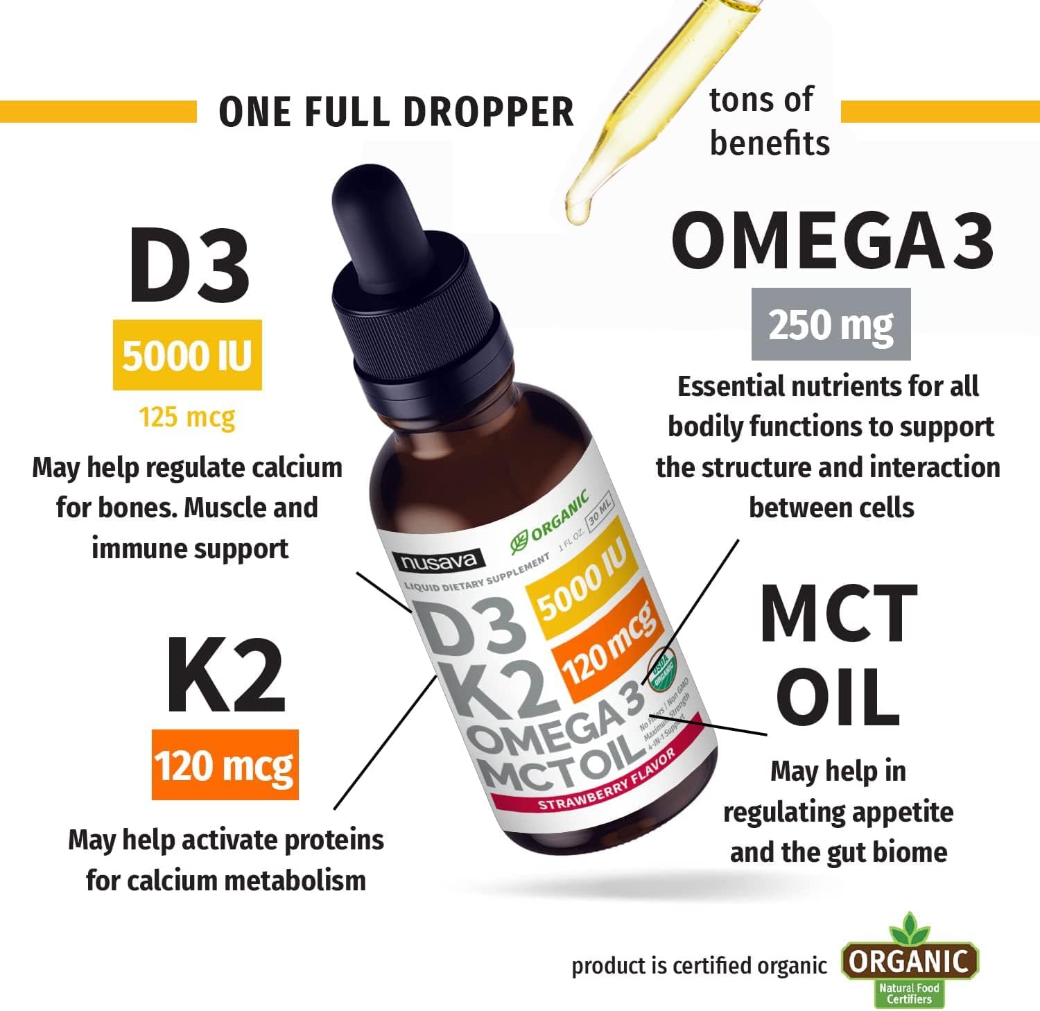 (2 Pack) Organic Vitamin D3 K2 Drops 5000 IU with MCT Oil Omega 3 - Maximum Strength Liquid D3 with No Fillers, Non-GMO for Faster Absorption, Immune Support (Strawberry, 2 Fl Oz)