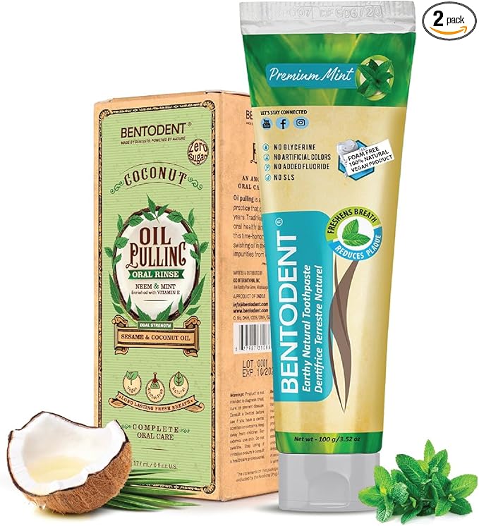 Bentodent Fluoride Free Mineral Toothpaste with Natural bentonite Clay, 100 g and Organic Coconut Sesame Oil Pulling with neem, 177ml for Fresh Breath and Teeth whitening, Vegan