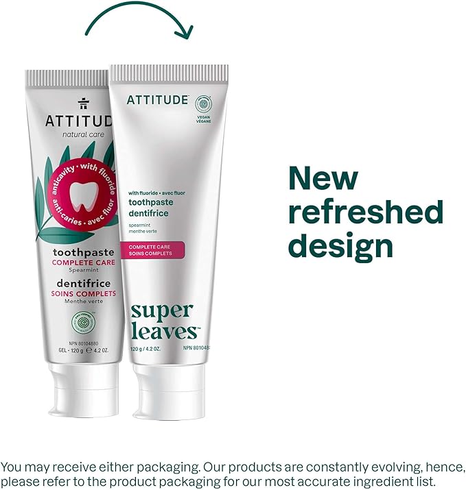 ATTITUDE Complete Care Toothpaste with Fluoride, Spearmint Flavor, Vegan & Cruelty-Free, Sugar-Free, Plant & Mineral-Based Ingredients, Clean Oral Care, 4.2 Oz