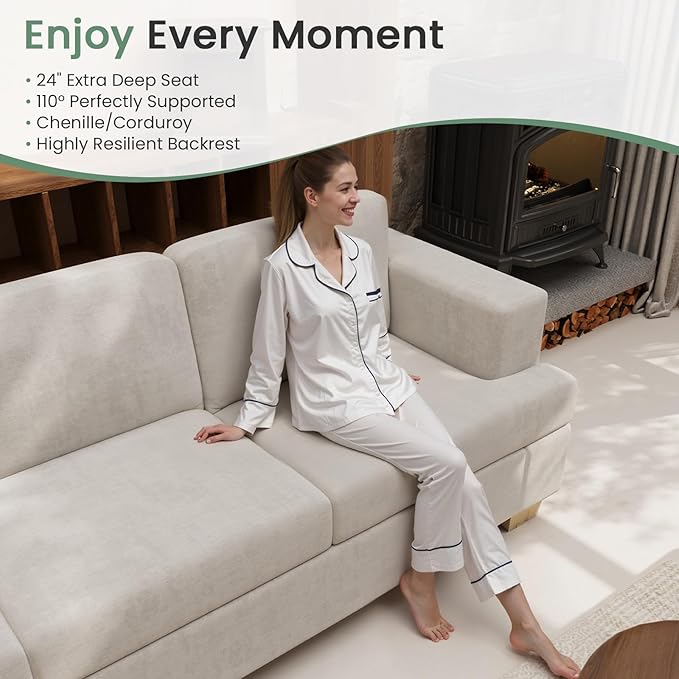 2 Piece Set Comfy Sofa Couch, 2 3-Seater Sofa with Deep Seats, Modern Sleeper Couch for Living Room, Beige Chenille