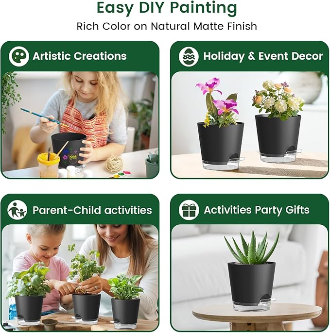 6 inch Self Watering Pots for Indoor Outdoor Plants, 3 Pack Flower Plant Pots with Drainage Holes and Clear Reservoirs, Visible Water Level, Plastic Planters with Wicking Rope, Black