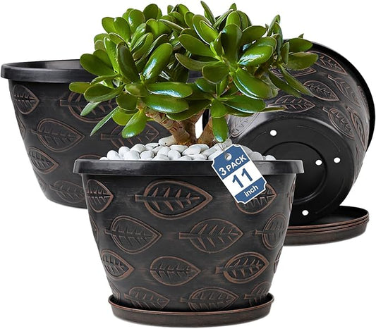 3 Pack Flower Pots Outdoor 11 Inch Plant Pots Indoor, Large-Plastic-Plant-Flower-Planters-Pots with Drainage Hole & Tray, Modern Decorative Garden Pot with Saucer(Brown)