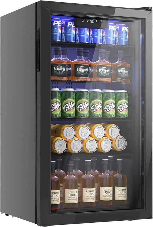 Beverage Refrigerator and Cooler, 126 Can Mini fridge with Plastic Door, Beverage Cooler with Digital Temperature Display & Adjustable Shelves for Soda Beer or Wine, Black