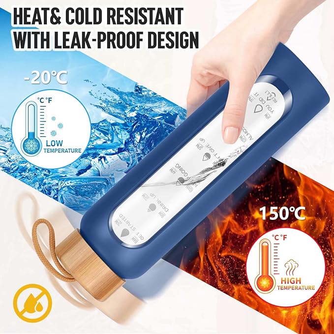 Aqulea Glass Water Bottles 32 Oz with Silicone Sleeve - BPA Free Reusable Wide Mouth Glass Motivational Water Bottles with Fruit Infuser – Leak Proof Borosilicate Water Bottle with Time Marker (Blue)