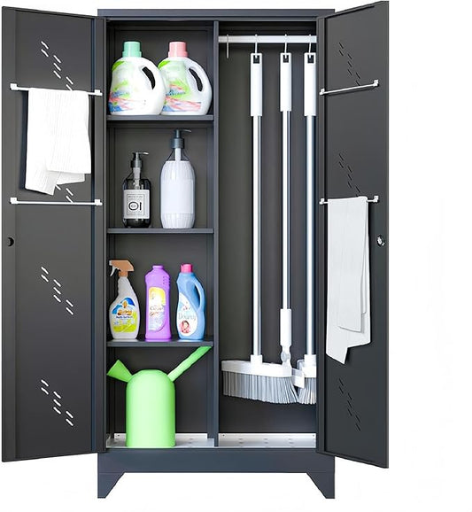 71" Broom Closet Cabinet with Hanging Rod, Tall Black Metal Storage Cabinet for Bathroom, Utility Room, and Garage