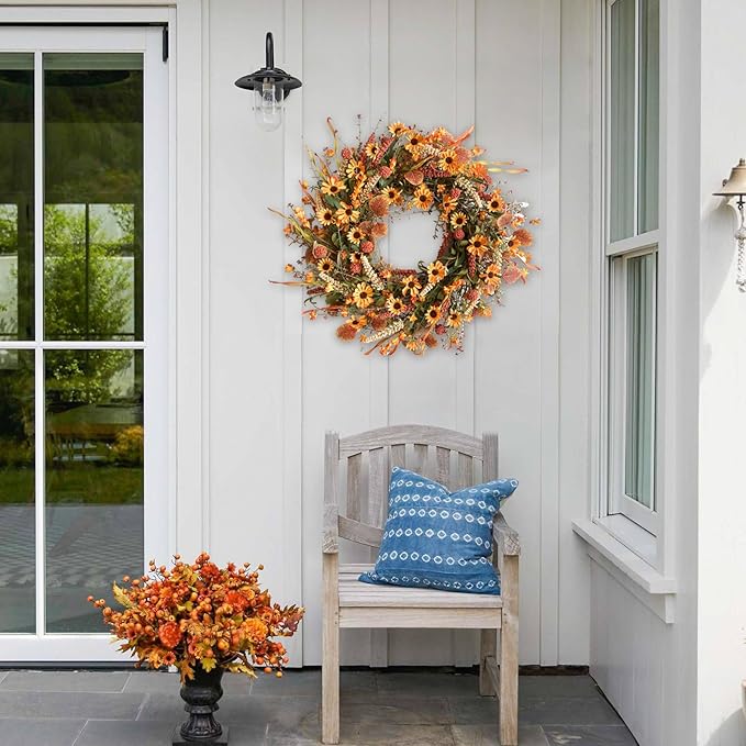 Bibelot Fall Front Door Wreath, 22" Artificial Floral with Colorful Daisies and Autumn Foliage - Orange for Wall, Window and Thanksgiving Decor