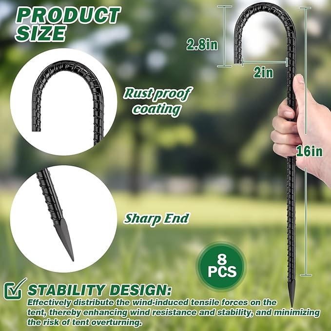 16 Inch Ground Stakes Heavy Duty,8 Pack Metal Fence Stakes for Ground for Wire Fencing,Heavy Duty Long Tent Stakes for Trampolines Camping Canopies and Swing Set