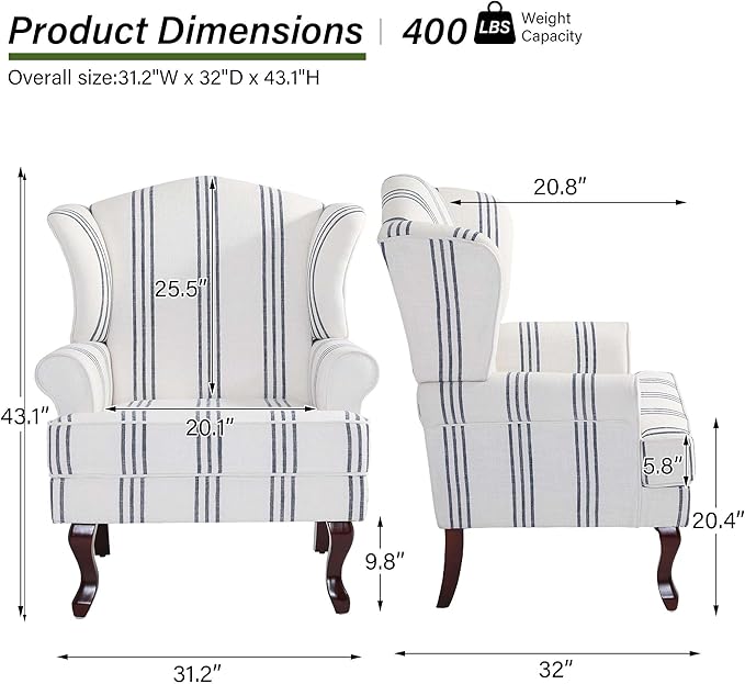 Accent Chair, High Back Upholstered Armchair with High Resilience Sponge & Wood Legs, Mid-Century Modern Comfy Single Sofa Reading Chairs for Living Room, Bedroom (Stripe Navy, Set of 1)