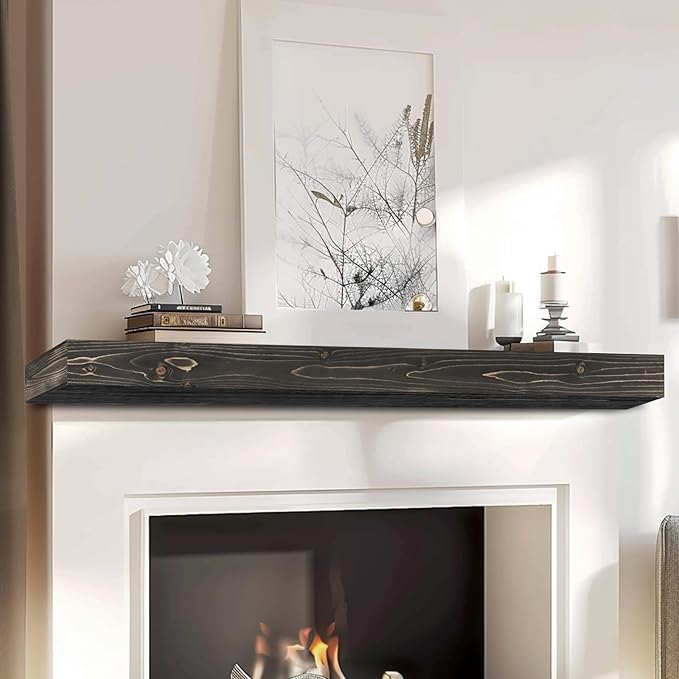60x8x3 Fireplace Mantel - Handcrafted Hollow Rustic Solid Wood Wall Mounted Floating Shelf with Invisible Heavy Duty Wood Bracket (Weathered Black)