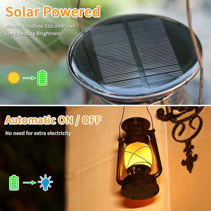 2 Pack Solar Hanging Lantern Outdoor, Solar Powered, Auto On/Off Waterproof LED Flame Umbrella Vintage Lights for Garden, Patio, Yard, Flickering Flameless Candle Mission Lights for Table, Party