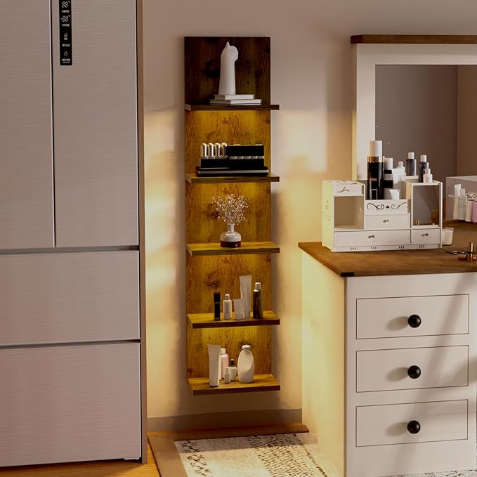 5 Tier Wall Shelf Unit, Modern Vertical Lack Wall Shelves with Light, Wall Mount, Floating Column Home Decor Shelves for Bedroom, Living Room, Vanity Storage Display(Dark Brown)