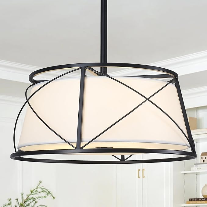 15.7" Black Drum Chandelier,3-Light Modern Farmhouse Chandelier,White Fabric Drum Shade Pendant Light Fixture for Dining Room Kitchen Island Bedroom Entryway