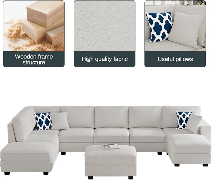 L Lengend Vansen Modular Sectional Sofa U Shaped Couch with Ottoman Modern Reversible Corner Sectional Couch for Living Room (Cream, U Shaped Sofa-4)