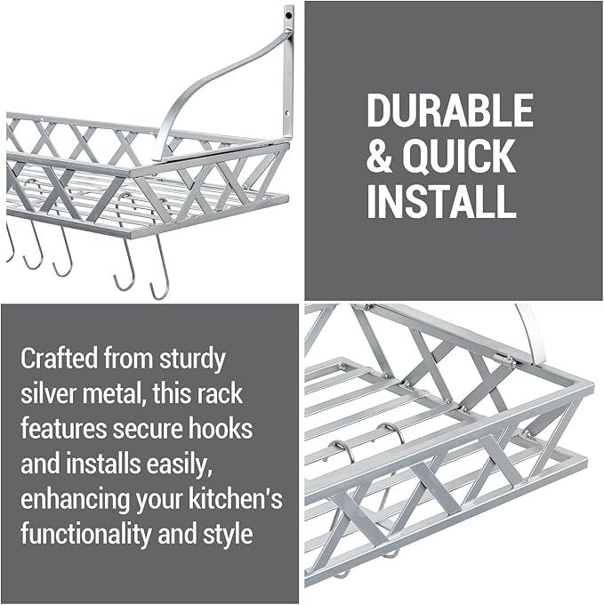 MyGift Wall Mounted Silver-Tone Metal Hanging Kitchen Pots, Pans and Utensils Storage Cookware Rack with 12 Removable S-Hooks and Top Display Shelf for Condiments Spice Rack