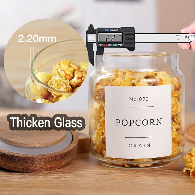 6 Set Glass Pantry Storage Jars with Acacia Airtight Lid - 15oz Thicken Glass Kitchen Canisters with 132 Pantry Labels - Clear Glass Food Storage Containers with Wood Lid for Tea,Sugar,Spice,herbs