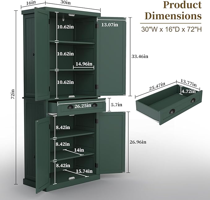 ARTPOWER 72" Tall Kitchen Pantry Storage Cabinet with Drawer and Adjustable Shelves, Pantry Cabinet for Kitchen, Bathroom or Hallway, Green