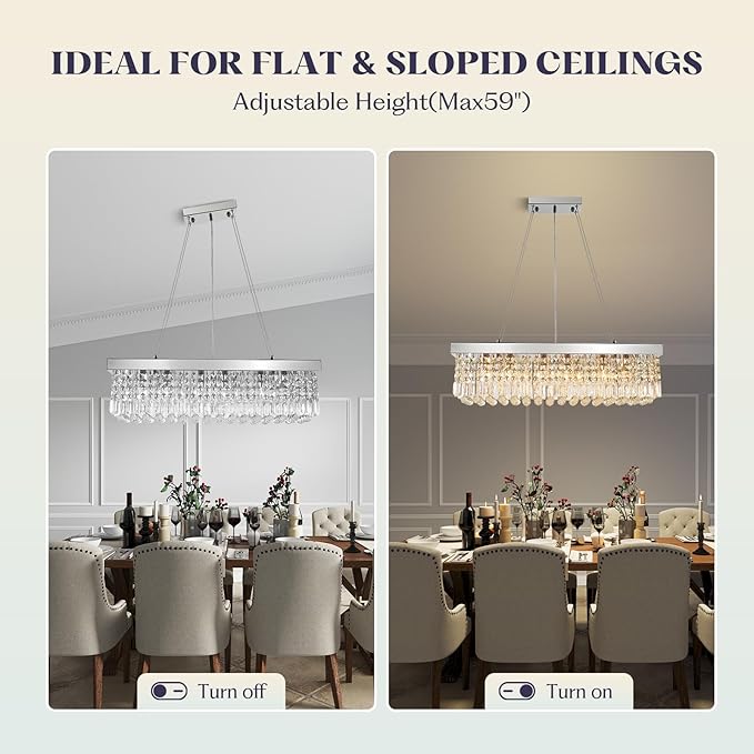 Modern Crystal Chandelier for Dining Room,6 Light K9 Crystal Rectangle Chandelier, Rectangular Pendant Ceiling Light Fixture for Living Room Kitchen Island L31.5''xW10''xH10''