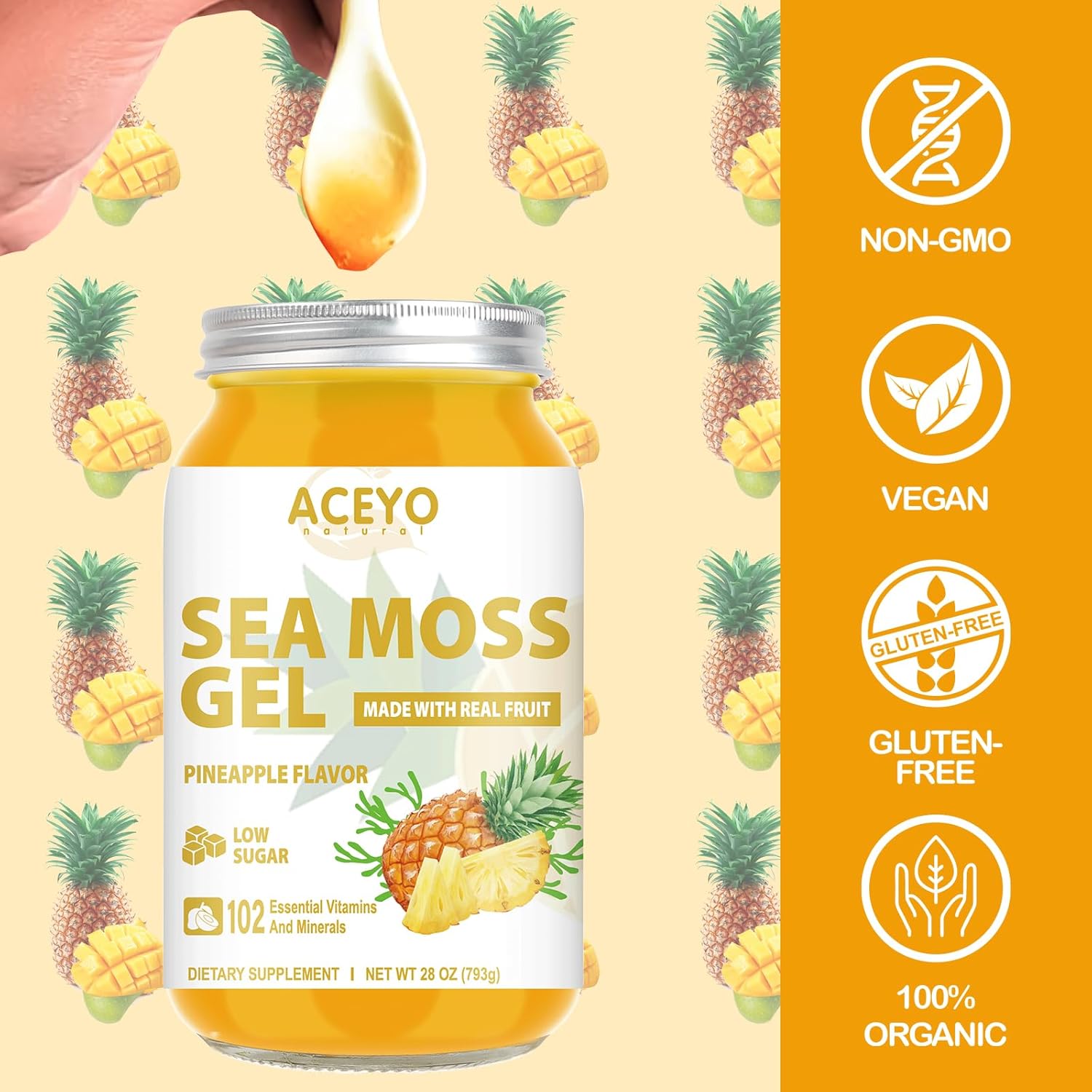 (28 OZ) Sea Moss Gel Raw Flavored Irish Seamoss Gel Natural Vegan Pineapple 102 Vitamins and Minerals Wild Harvested Non-GMO.