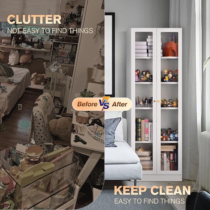 5 Tier Metal Curio Cabinets, Modern Bookshelf Cabinet with 4 Adjustable Shelves, Cabinet Display Case for Home Office, Living Room, Pantry (White-23.54W)