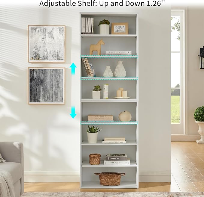 71 Inch Tall 8-Shelf Bookcase, Wood Bookshelf Storage Organizer Adjustable Shelf for Home Office Living Room, Converts into Two 4-Shelf Bookshelves, White