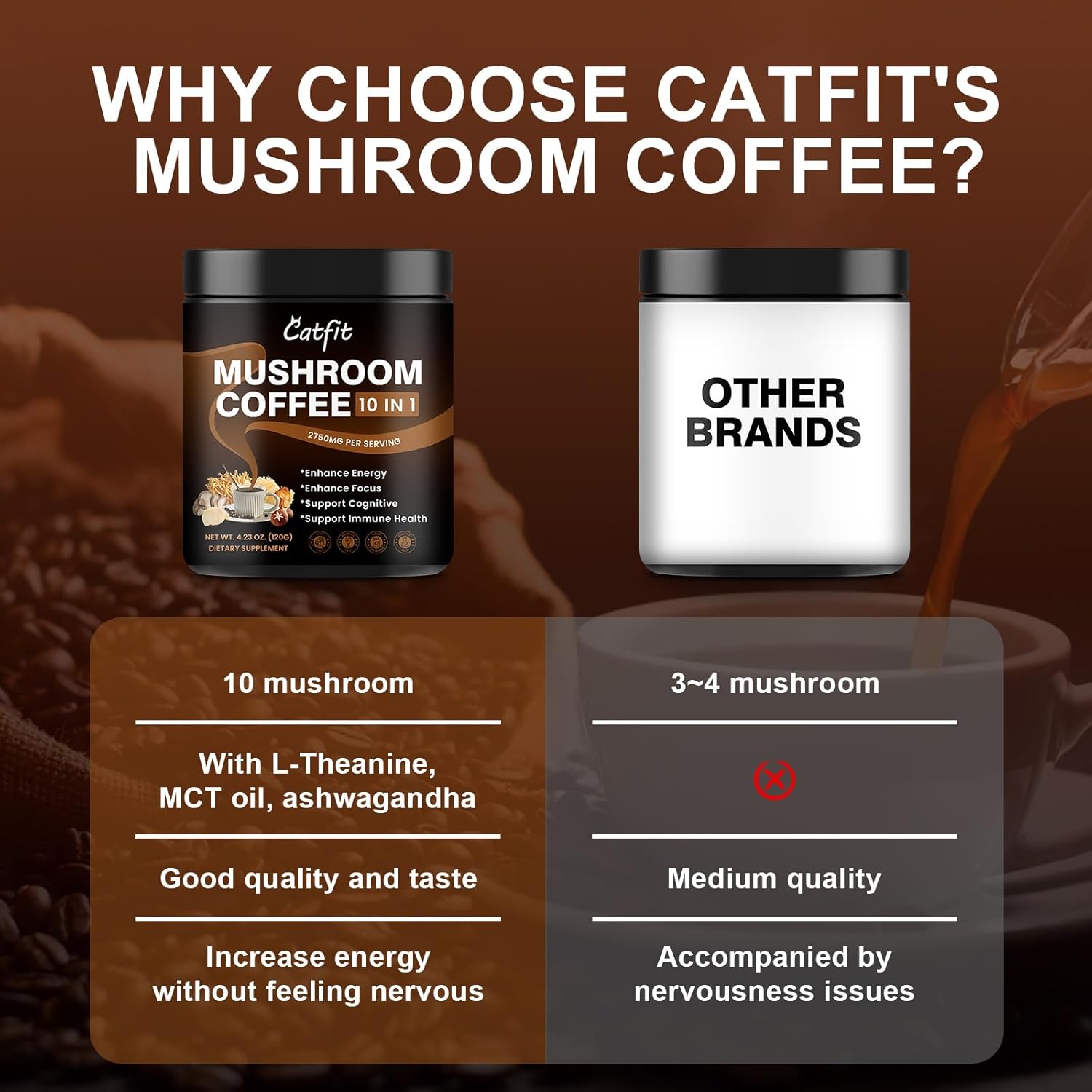 (2 Pack) Mushroom Coffee Powder, 10 Mushroom Blend- Lion's Mane, Chaga, Brain Supplements with Arabica Coffee, Ashwagandha, L-Theanine for Energy, Focus, Memory and Immunity, 120G