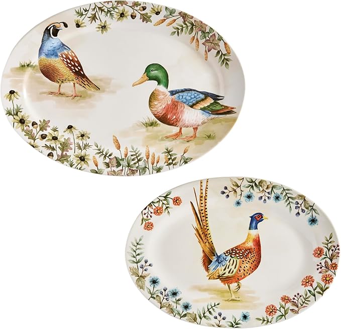 Bico Autumn Birds 16 plus 14 inch Oval Platters Set, Set of 2, Microwave and Dishwasher Safe, for Serving Fish, Chicken, Turkey