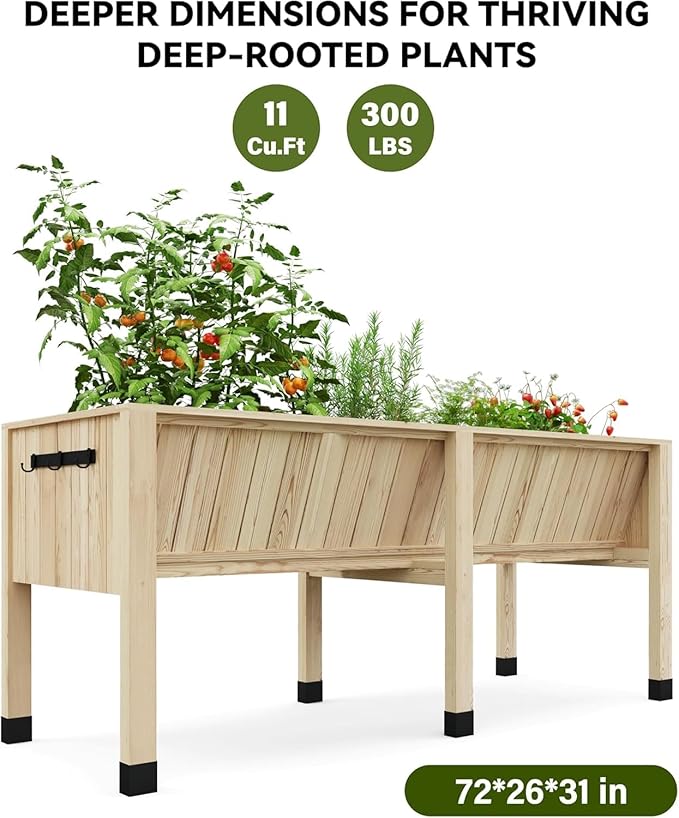 72x26x31 Inch Raised Garden Bed with Legs, 13.7In Depth Wooden Planter Box for Outdoor Growing Vegetables and Herbs, Elevated Garden Bed with Hooks for Backyard, Patio, Balcony