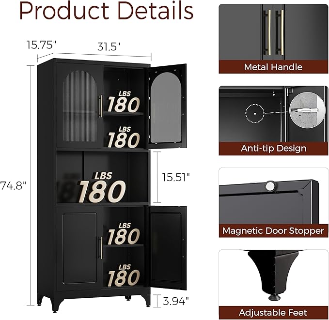 75" Tall Kitchen Pantry Cabinet, Metal Storage Cabinets with Acrylic Doors and Adjustable Shelves, Hutch Cabinet with Storage, Black Microwave Stand Cabinets for Dining Living Room